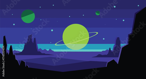 Vibrant alien planet landscape with colorful planets and mysterious rock formations under a starry night sky.
