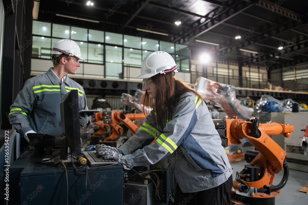 Fototapeta premium Engineer standing by robotic arm and operating machine in industry factory, technician worker check for repair maintenance electronic operation