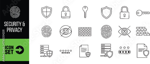 Security and privacy icon set featuring data protection elements