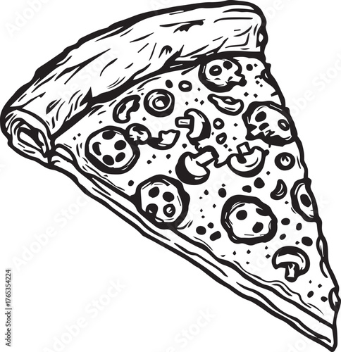 Hand-Drawn Pizza Slice with Toppings – Black and White Food Illustration