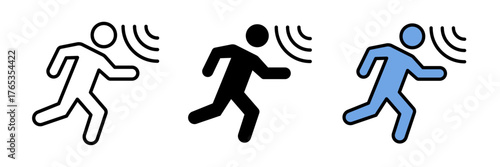 Motion detector icon featuring a sensor device emitting curved signal waves, symbolizing movement detection, security monitoring, and smart home automation.