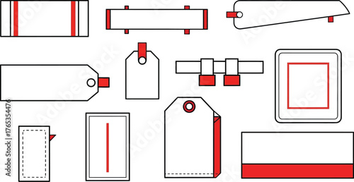 Collection of clean, white price tags and labels with red accents, ready for customization.