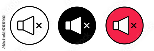 Mute icon in clean vector style, featuring a speaker symbol with an “X” or slash to indicate sound is turned off. Represents silence, muted audio, disabled sound, or volume off.