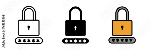 Password icon set in flat vector illustration, designed in outline, filled, and color style. Ideal for security, login, authentication, and privacy design concepts.