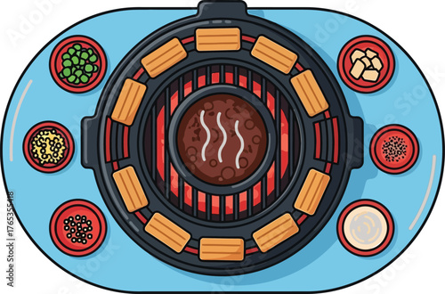 Overhead view of a colorful tabletop grill with various ingredients arranged around it, ready for a meal.