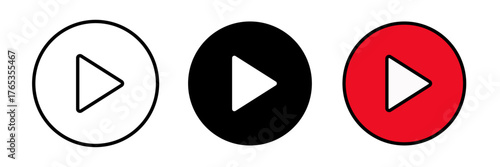 Play button icon set in flat vector illustration, designed in outline, filled, and color style. Ideal for media, video player, audio, and entertainment design concepts.