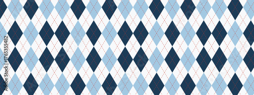 Classic argyle background in blue tones forms seamless plaid texture. Diamond shapes with contrasting stitches create repeating pattern. Vector design for socks and shirts