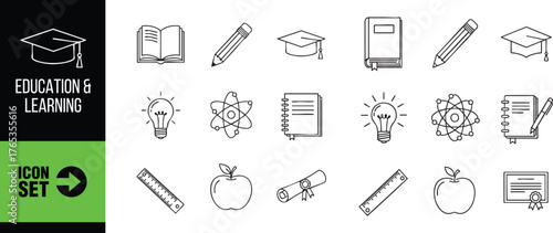 Education and learning icon set with book, pencil, graduation cap, apple, and certificate