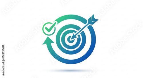 Target achievement icon with arrow hitting target bullseye and checkmark for success and goal completion