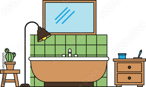 Cozy bathroom with bathtub, sink, mirror, and plant, illuminated by a floor lamp.