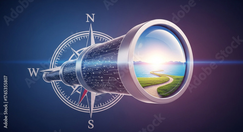 Future vision concept with telescope and compass for business strategy and direction planning ahead now