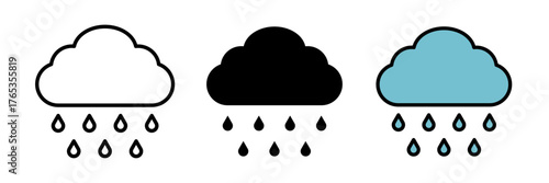Rainy icon set in flat vector illustration, designed in outline, filled, and color style. Ideal for weather, forecast, climate, and nature design concepts.