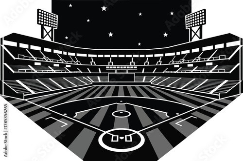 Dramatic stadium scene under starry night sky, ready for a night game.