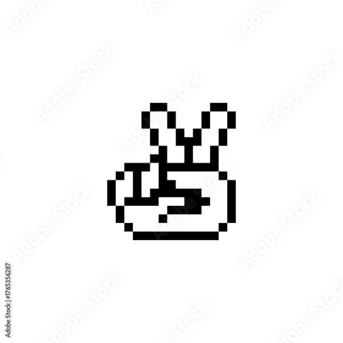 8-bit pixel art hand showing peace sign. Retro monochrome symbol of victory, freedom, or positivity in classic computer style. Minimalist digital icon for vintage games, interfaces, and pixel design.