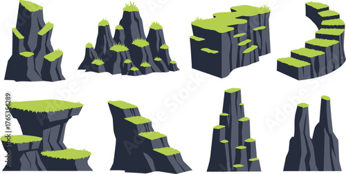 Stylized rocky outcrops with green grassy tops, perfect for game design elements.
