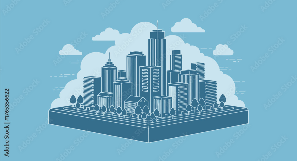 Fototapeta premium Modern city skyline with futuristic architecture and fluffy clouds, symbolizing urban growth and progress.