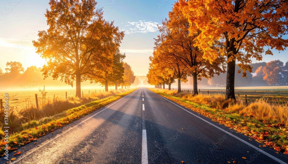 Fototapeta premium Empty Asphalt Road Lined With Autumn Trees Glowing in Golden Hour Sunlight with Morning Mist Rising Over Fields