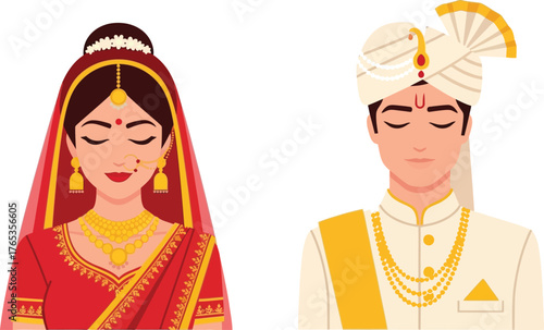 Serene Indian bride and groom in traditional wedding attire with eyes closed