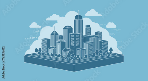 Modern city skyline with futuristic architecture and fluffy clouds, symbolizing urban growth and progress.