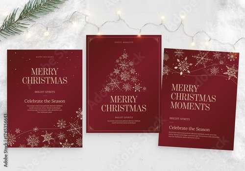 Christmas Flyer Template for Invites & Greetings Cards with Snowflakes & Tree in Luxury Red & Gold