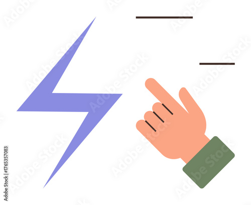 Hand with green sleeve pointing near blue lightning bolt, symbolizing speed, energy, or fast action. Ideal for efficiency, innovation, decision-making, power, alert systems productivity simple flat