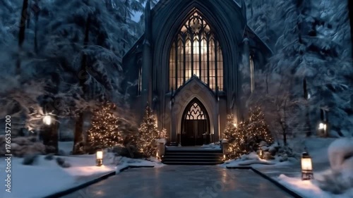 Snow covered path leads to illuminated building in serene winter landscape