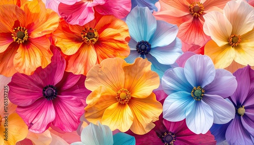 Wallpaper Mural Close Up View of a Vibrant Assortment of Cosmos Flowers in Various Bright Colors Including Orange Pink Blue and Purple with Soft Natural Lighting and a Shallow Depth of Field Torontodigital.ca