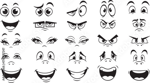 Assortment of Cartoon Eyes, Eyebrows, and Mouths Expressing Emotions expression