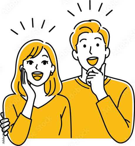 Astonished couple with hand on cheek and pointing finger, expressing wonder on white background