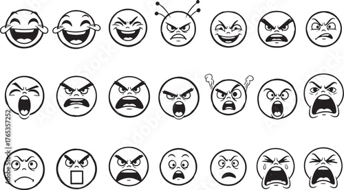 Assortment of hand drawn black and white cartoon emoji faces showing diverse emotions on white
