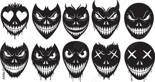 Assortment of ten black stylized heart shaped monster faces with creepy features on a white