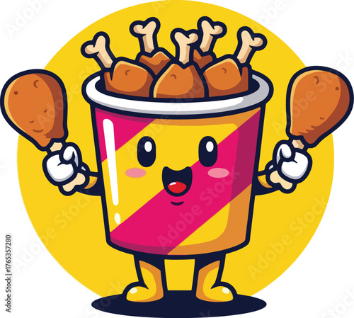 Cartoon bucket of fried chicken with smiling face and drumsticks character mascot