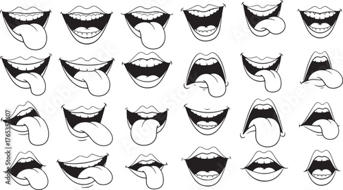 Extensive Set of 25 Hand Drawn Cartoon Mouths with Tongues Sticking Out Keywords: mouth, lips