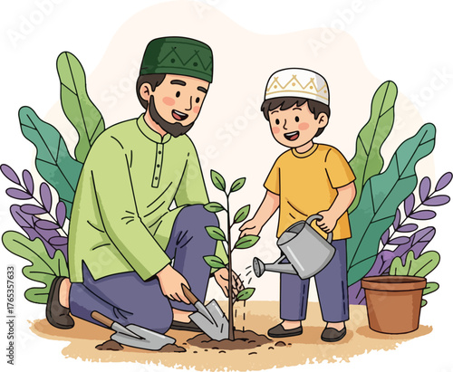 Father and son planting a tree together in a garden with lush foliage vector illustration