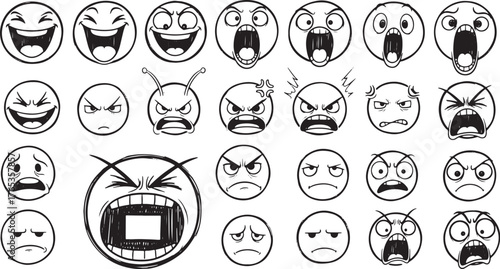 Large collection of hand drawn cartoon emoji faces expressing various emotions on a white background