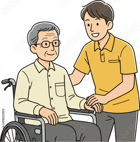 Male caregiver holding an elderly man's hand in a wheelchair offering support illustration