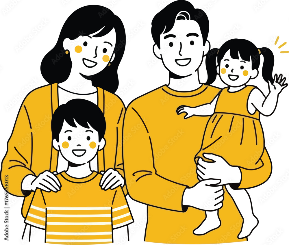 Fototapeta premium Smiling Family of Four Posed Together with Father Holding Daughter and Son in Front mother