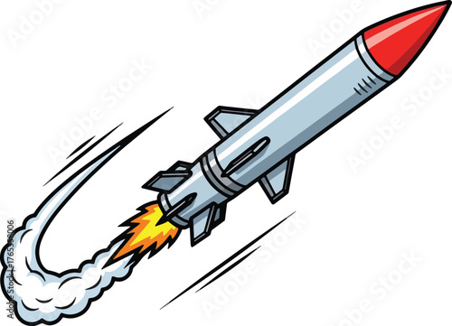 Silver and red rocket launching with smoke trail and speed lines Keywords: rocket, missile