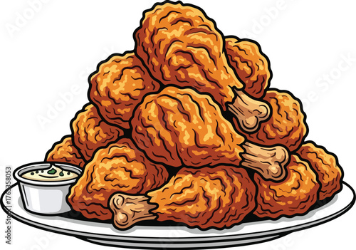 Stack of crispy fried chicken drumsticks with a side of dipping sauce vector illustration