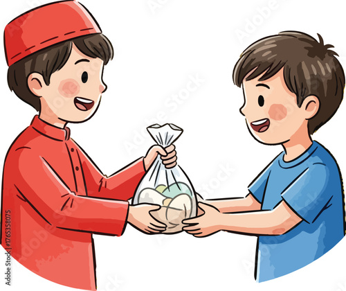 Two boys exchanging a bag of treats during a celebration or holiday children islam