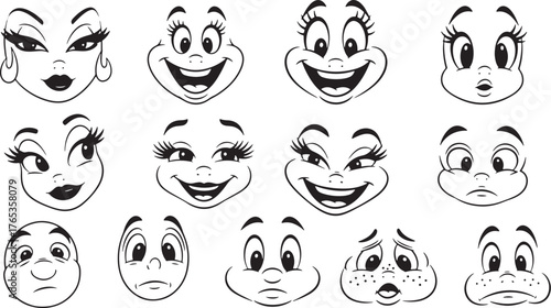 Twelve Cartoon Faces with Diverse Emotions and Stylized Features expression drawing