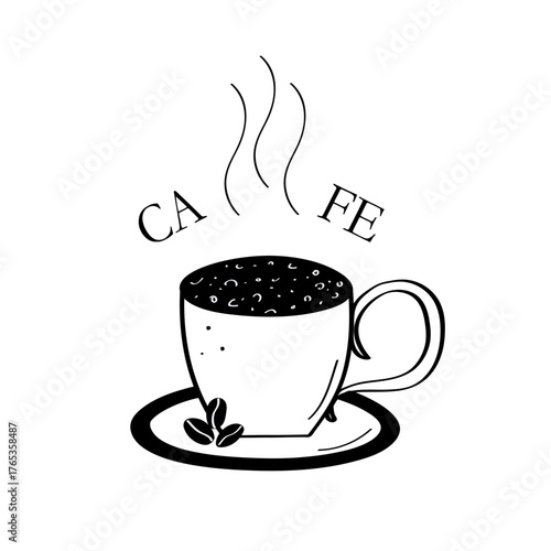A cup of hot coffee on a saucer doodle icon. Cafe logo design concept. Vector illustration on a white background.