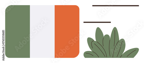 Irish tricolor flag beside leafy green foliage. Ideal for patriotism, heritage, environment, sustainability, culture, national pride, eco-awareness. A simple flat metaphor