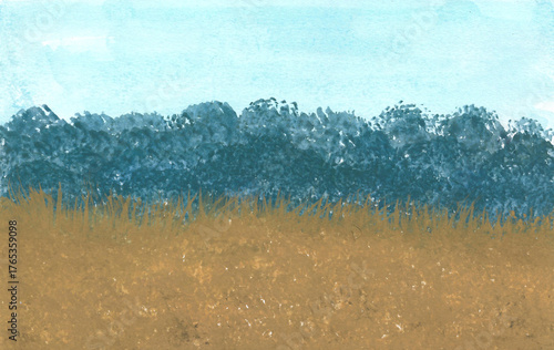 Acrylic painting nature background of blue forest with dry grassland and blue sky. Illustration for autumn and summer. Copy space for the text. Hand painted texture style on paper. impressionism art.