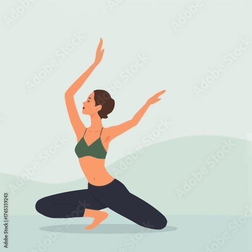 A woman in athletic wear performs a graceful yoga pose on a light blue background.