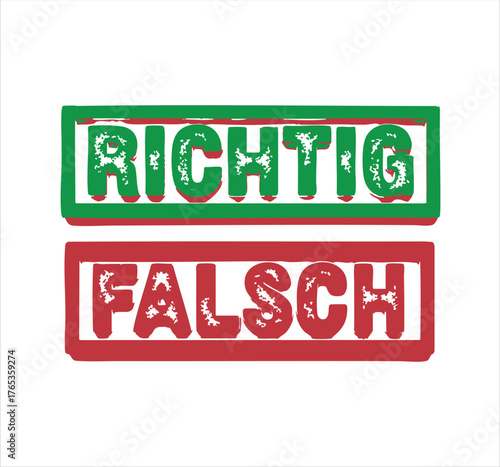 Richtig falsch signs green and red blocks showing true false german words decision making