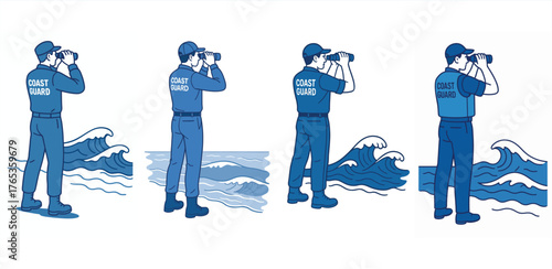 Professional flat vector of coast guard watching sea waves, symbolizing early warning and tsunami prevention. Perfect for awareness materials.