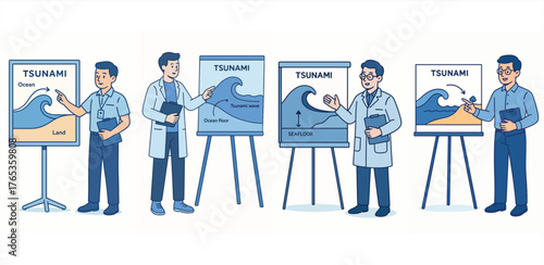 Educational flat vector of a male scientist explaining tsunami waves, symbolizing disaster awareness and marine research. Great for environment and education themes.