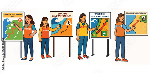 Colorful vector of a female volunteer teaching people about tsunami evacuation safety. Ideal for disaster awareness and education campaigns.