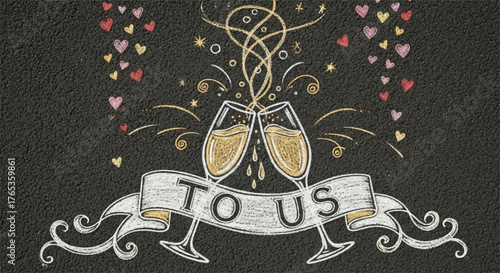 Romantic Chalkboard Toast "To Us" Banner with Champagne Flutes and Hearts